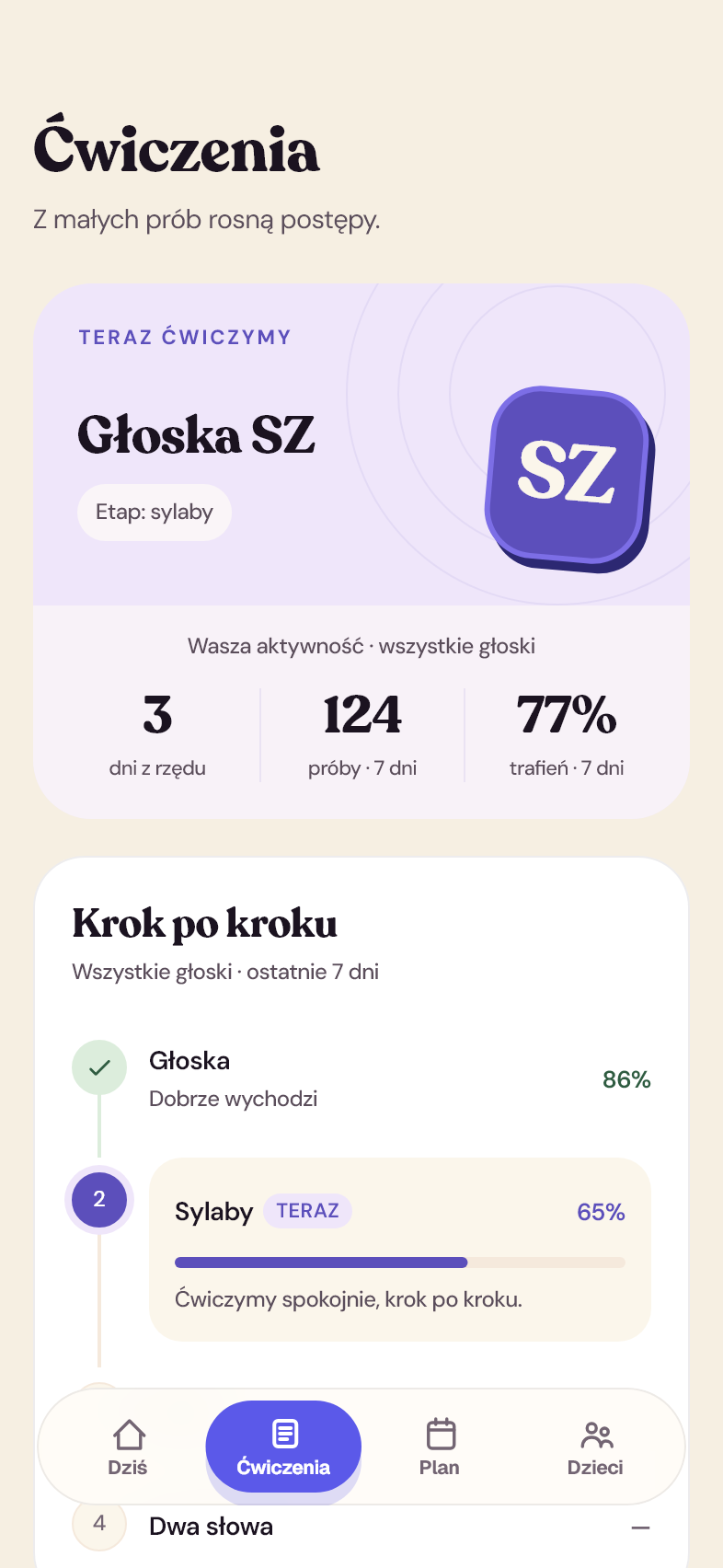 Ekran ćwiczeń głoski SZ i etapy praktyki (przykładowe dane)